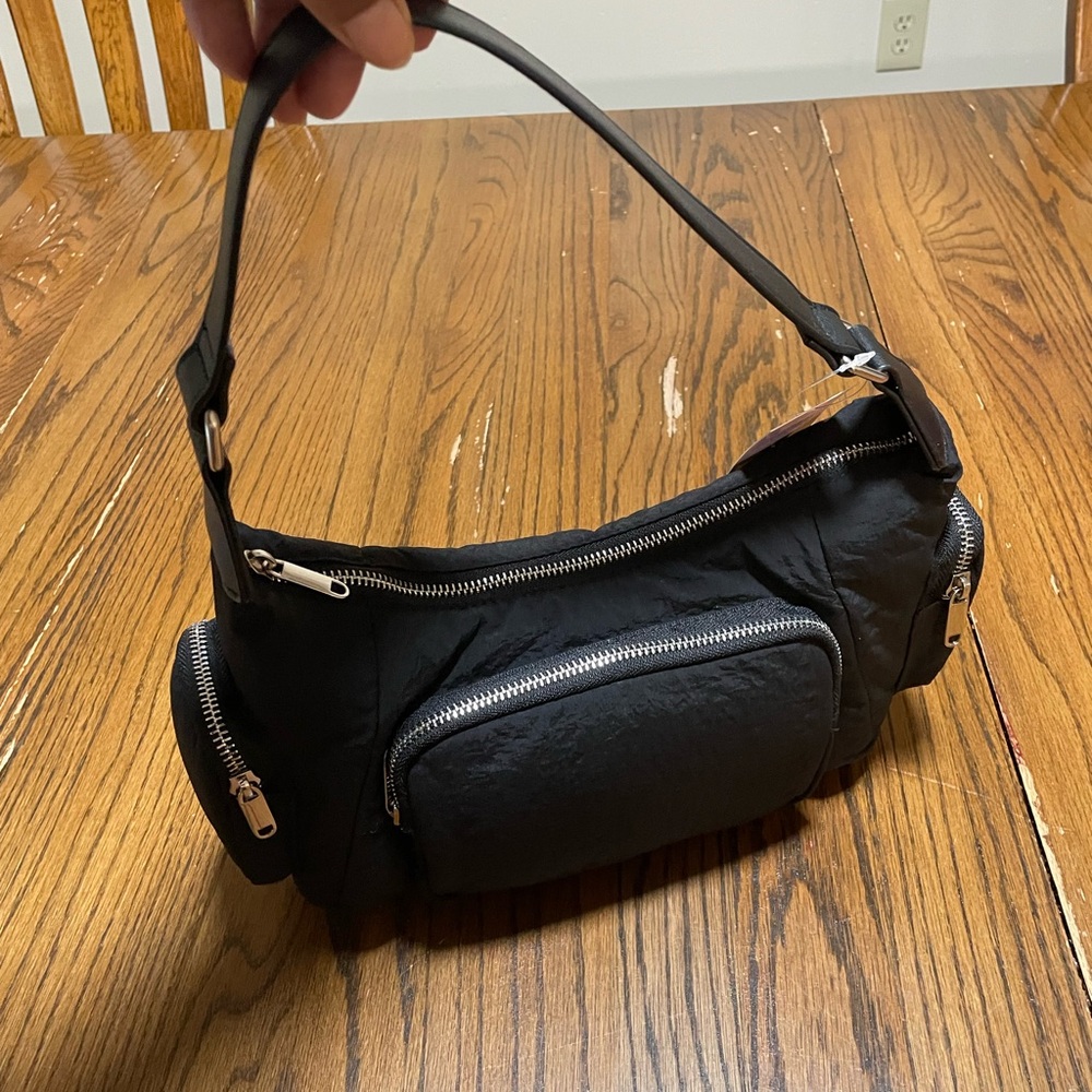 Wild Fable Black Nylon Shoulder Bag with Silver Accents 13 x 9 “ new - Picture 5 of 8